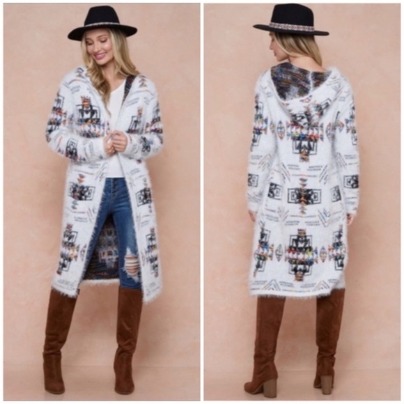 Tops - Aztec Rainbow Boho Cowichan Jacquard Eyelash Fuzzy Cardigan Knit Sweater